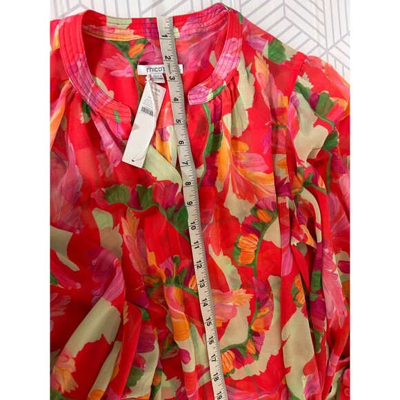 NWT Chicos Blouse Womens Size 3 L Georgette Flame Red Fiesta Floral Top Button n - Picture 6 of 10
